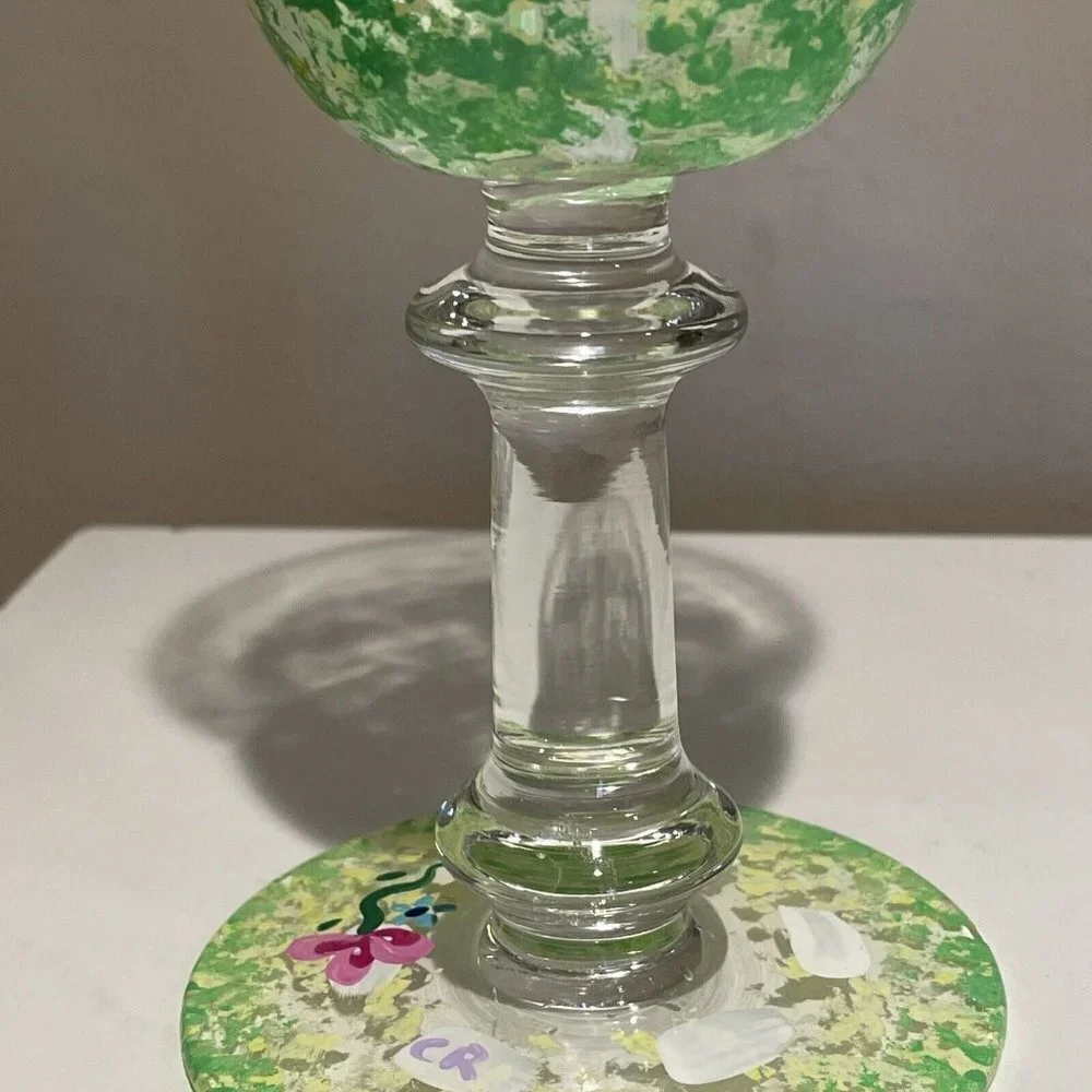 Art Glass Stemmed Goblets Wine or Water Glasses Hand Painted Flowers Signed 